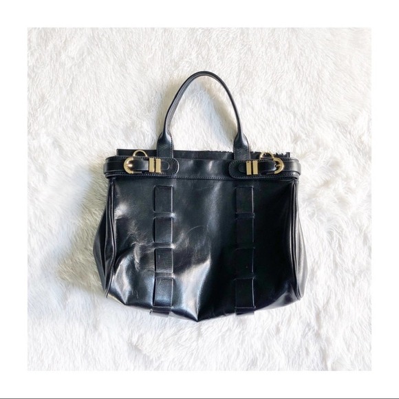 Badgley Mischka Leather Satchel Gold Buckles and Detailing - Picture 1 of 8